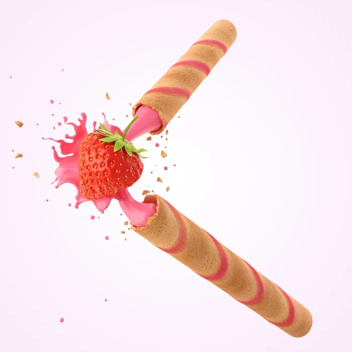 Broken Crispy Strawberry Wafer Stick with Pink Cream filled isolated on white background, 3d illustration.