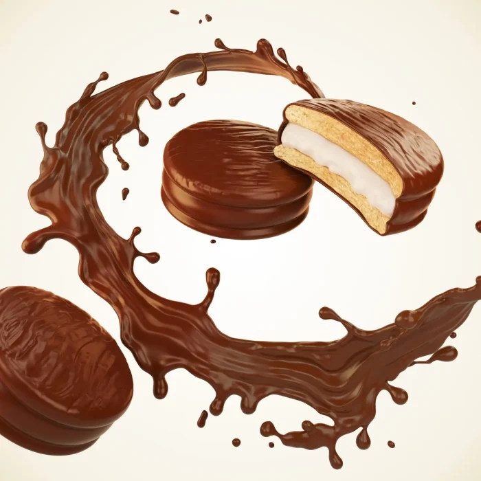 Chocolate pie with Chocolate or Cocoa Splash, 3d illustration.