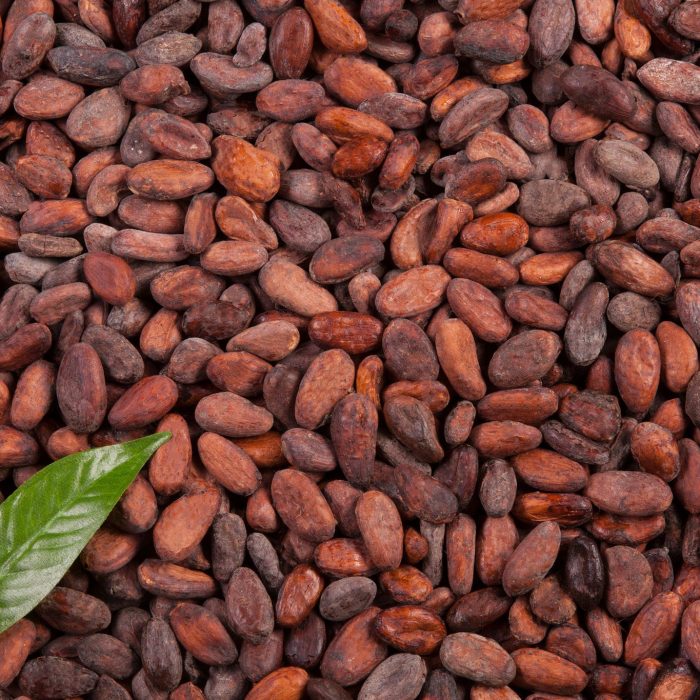 cocoa beans background with leaves
