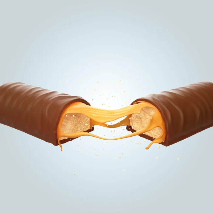 Cracked Chocolate bar or Cocoa Crispy wafer with caramel include Clipping path 3d illustration.