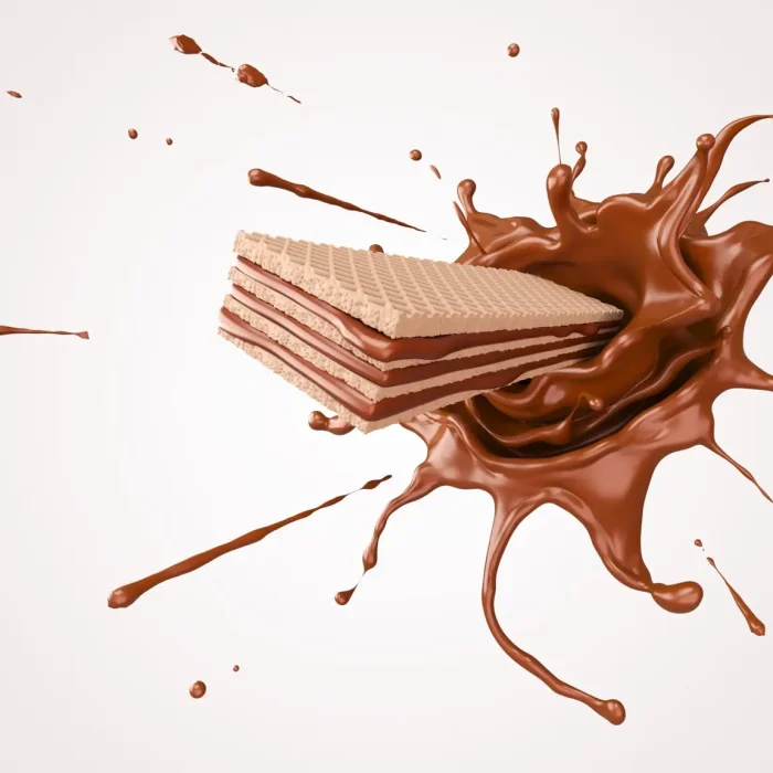 crispy wafer with chocolate Splash, chocolate wafer flavor, wafer with Clipping path 3d illustration.