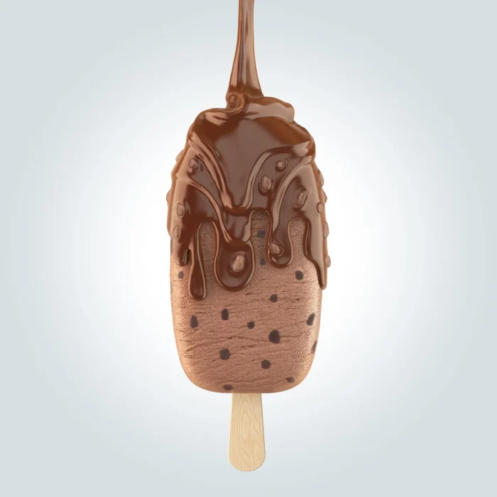 Ice cream on stick covered with chocolate streams isolated on white 3d illustration.