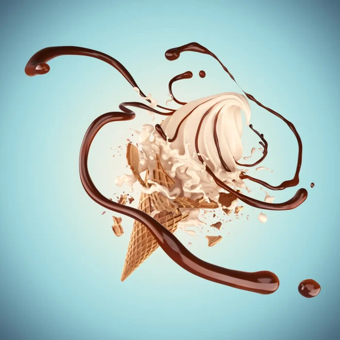 Milk ice cream cone with chocolate syrup splash or Swirl, Cracked wafer cone, with Clipping path 3d illustration.